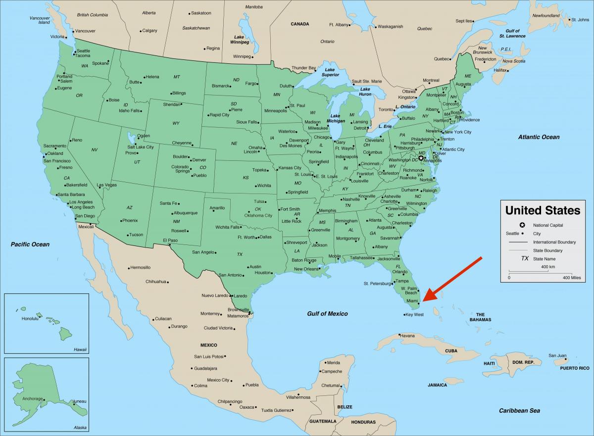 Майами в штате Флорида - карта США